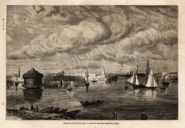 Indgangen til havnen i New York, tegning af Paul Huet (1803-1869), for at illustrere rejserne til Nordamerika i 1854-1855, af L. Deville. Stik i “” Le tour du monde”” 1861. Selvas samling.