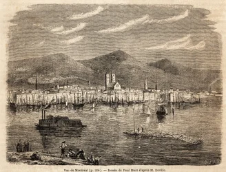 Udsigt over Montreal, tegning af Paul Huet (1803-1869), for at illustrere rejserne til Nordamerika i 1854-1855, af L. Deville. Stik i “” Le tour du monde”” 1861. Selvas samling.