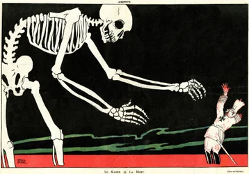 Kejseren og døden. Første Verdenskrig 1914-1918: Wilhelm II (1859-1941) i et hav af blod truet af et skelet. Karikatur, der fremhæver den mekanistiske og hånlige tyske dumhed og dermed støtter franskmændenes moral under krigen. Tegning af s