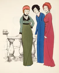 Three Empire Line Evening Coats fra Les Robes de Paul Poiret pub. 1908 (stenciltryk)