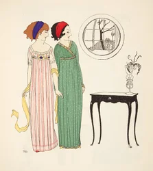 To empire linje dagskjoler fra Les Robes de Paul Poiret pub. 1908 (stenciltryk)