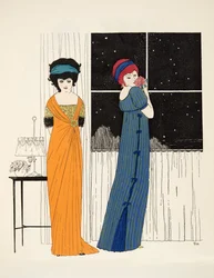 To empire linje kjoler fra Les Robes de Paul Poiret pub. 1908 (stenciltryk)
