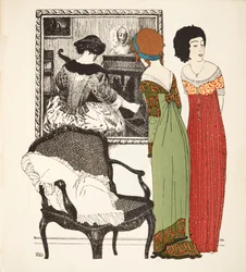 To empire linje kjoler fra Les Robes de Paul Poiret pub. 1908 (stenciltryk)