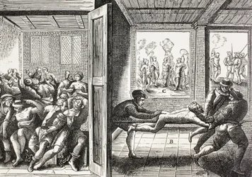 Propaganda fra det 16. århundrede, der illustrerer de franske huguenotters vold mod katolikkerne i Sydfrankrig.