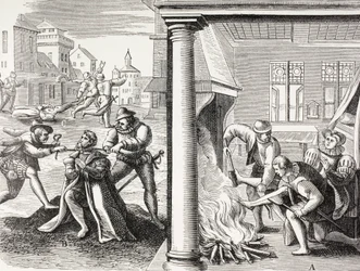Propaganda fra det 16. århundrede, der illustrerer de franske huguenoters vold mod katolikkerne.