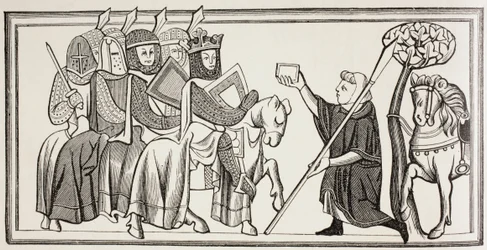 En budbringer ankommer med en besked til en konge, der står i spidsen for sin hær. Efter en illustration i en Ms fra det 13. århundrede.