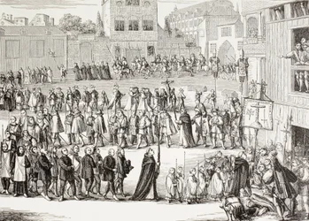 En Auto-Da-Fe, eller troshandling, procession i Spanien. Efter en gravering fra det 15. århundrede.