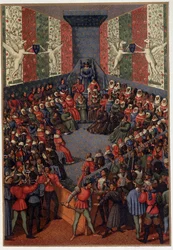 Charles VII præsiderer over dommen over John, hertug af Alencon (allieret med englænderne) i Vendome i 1458 - efter miniaturen af Fouquet, i "" Militært og religiøst liv i middelalderen og renæssancetiden" af Paul Lacroix, Paris