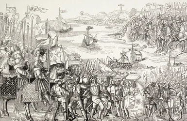 Korsfarere går i land ved Damietta i Egypten i 1249 under det syvende korstog.