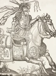 Godfred af Bouillon, ca. 1060-1100, middelalderlig frankisk ridder. En leder af det første korstog. Her ses han kronet med redskaberne fra Kristi lidelse. Efter et træsnit fra det 15. århundrede.