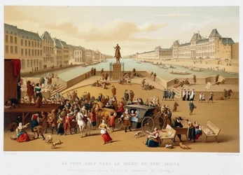 Le Pont Neuf mod midten af det 17. århundrede, "" 17. århundrede - Institutioner: brug og kostumer, Frankrig 1590-1700" af Paul Lacroix