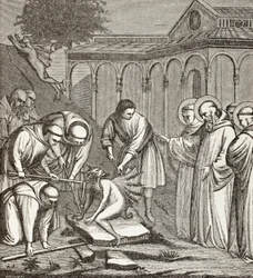 Benedikt og Djævelen. Da Benedikt var ved at bygge et kapel, sad Djævelen på en sten, og ingen kunne flytte ham, før Benedikt velsignede stenen. Så tog djævelen flugten.