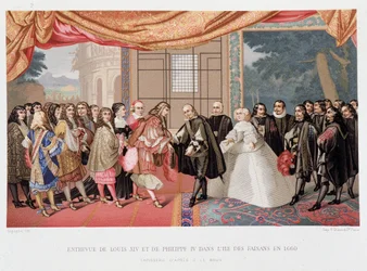 Trediveårskrig: "" Interview med kongen af Frankrig Ludvig XIV (1638-1715) og Filip IV af Spanien (1605-1665) på øen Paisans den 7/11/1659"" Spanien accepterer at underskrive traktaten om Pyrenæerne. Datter af Philip IV, Marie Therese (Marie-Therese)