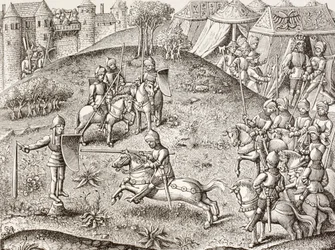 Tilting At A Quintain, The Revolving Effigy Of A Knight. Efter en miniature i Chroniques De Charlemagne fra det 15. århundrede.