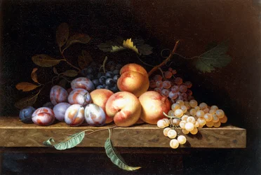 Ferskner, blommer og vindruer på en stenkant,