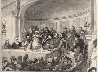 Antislaverikongressen afholdt i Paris den 21., 22. og 23. september 1890 i Geography Society i nærværelse af Jules Simon, Emile Keller og Monseigneur Lavigerie. Indgravering efter Paul Merwarts tegning i "The Illustrous World" fra 1890.