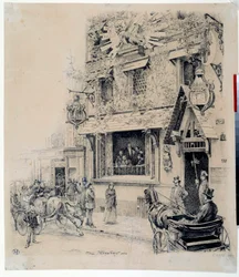 Udsigt over indgangen til Cabaret du Chat Noir. Blæktegning af Paul Merwart (1855-1902) Paris fra det 19. århundrede, Musee Carnavalet