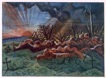 Sunrise, Ruins of a Hospice, nordvest for Wytschaete, ødelagt af bombardement i 1917, fra British Artists at the Front, Fortsættelse af The Western Front, Tredje del, Paul Nash