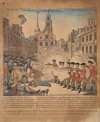 Den blodige massakre begået i King-Street Boston den 5. marts 1770 af et parti fra 29. regt.
