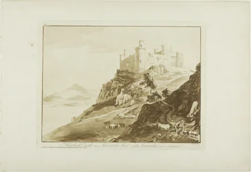 Harlech Castle i Merioneth Shire med Snowdon på afstand