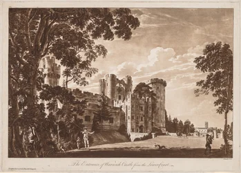 Visninger af Warwick Castle: Indgangen til Warwick Castle fra den nedre ret