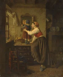 Kvinde og barn foran et spejl, 1870