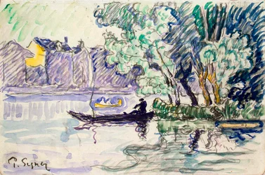 Fisker i en båd i nærheden af en Seine-bank, c1900