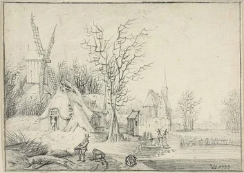 Landsby med vindmølle og kirke