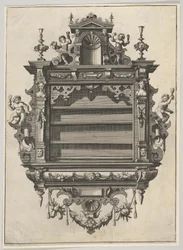 Vægmonteret hylde fra Verscheyden Schrynwerck ... [Plusieurs Menuiseries ...], 1658.