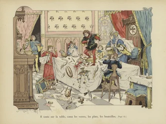 Han sprang op på bordet og knuste glas, tallerkener og flasker