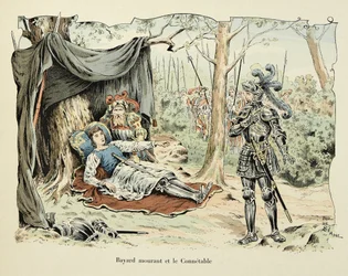 Illustration taget fra bogen "Histoire du chevalier Bayard" af Theodore Cahu, illustreret af Paul De Semant (1855-1915): Bayard dying and Le Connetable de Bourbon 1524