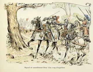 Illustration taget fra bogen "Histoire du chevalier Bayard" af Theodore Cahu, illustreret af Paul De Semant (1855-1915): Bayard sår dødeligt med et skud arkebuse 1524