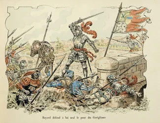 Illustration taget fra bogen "Histoire du chevalier Bayard" af Theodore Cahu, illustreret af Paul De Semant (1855-1915): Bayard forsvarer kun broen af Garigliano 1504