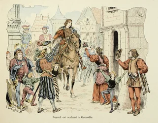 Illustration hentet fra bogen "Histoire du chevalier Bayard" af Theodore Cahu, illustreret af Paul De Semant (1855-1915): Bayard applaus i Grenoble