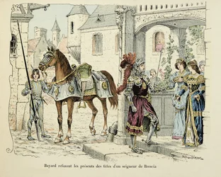 Illustration taget fra bogen "Histoire du chevalier Bayard" af Theodore Cahu, illustreret af Paul De Semant (1855-1915): Bayard nægtede gaver fra døtrene til en herre af Brescia 1512