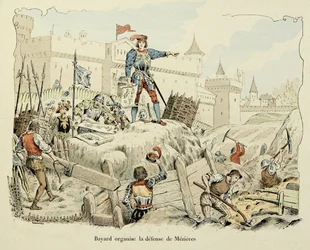 Illustration taget fra bogen "Histoire du chevalier Bayard" af Theodore Cahu, illustreret af Paul De Semant (1855-1915): Bayard organiserer forsvaret af Mezieres 1521