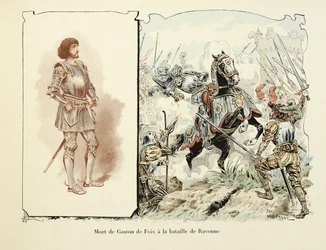 Illustration taget fra bogen "Histoire du chevalier Bayard" af Theodore Cahu, illustreret af Paul De Semant (1855-1915): Death of Gaston de Foix (1489-1512) ved slaget ved Ravenna