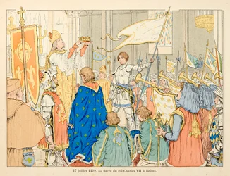 Illustration taget fra bogen "" Joan of Arc "" af Theodore Cahu og illustreret af Paul De Semant (1855-1915): Sacre of King Charles VII in Reims den 17. juli
