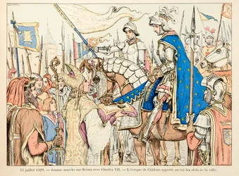 Illustration taget fra bogen "" Joan of Arc "" af Theodore Cahu og illustreret af Paul De Semant (1855-1915): Den 15. juli