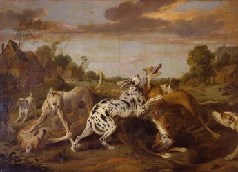 Kæmpende hunde i et landsbylandskab med et jagtselskab bagved (olie på lærred)
