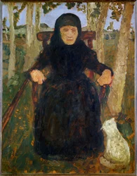 Gammel kvinde, siddende, med kat (maleri på lærred)