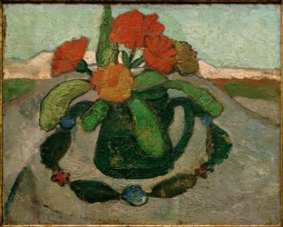 Stilleben med morgenfruer foran et landskab
