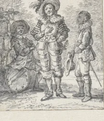 Design til en teatergruppeillustration: to stående figurer og en siddende figur