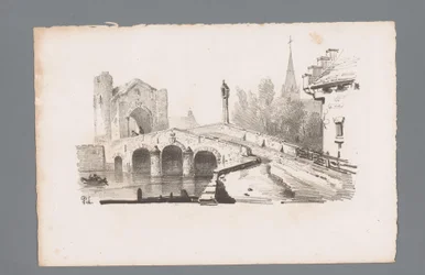 Udsigt til en bro med port, i baggrunden en kirke Principper for landskaber (serietitel) Principles de paysages (serietitel)