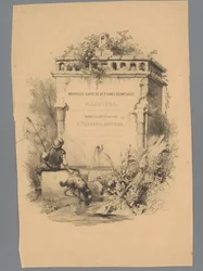 Mand med hund sidder på kanten af ​​et springvand Landscape Studies af Paulus Lauters (serietitel) Nouvelle suite de 40 études de paysages af P. Lauters (serietitel på objekt)