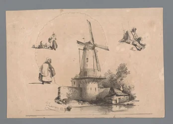 Mølle på vandet med tre figurstudier rundt omkring