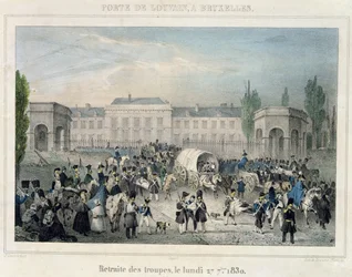 Porte de Louvain, Bruxelles: De hollandske troppers tilbagetog, 27. september 1830, indgraveret af Dewasme-Pletinckx