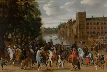 Prinserne af Orange og deres familier til hest, rider ud fra The Buitenhof, Haag, ca. 1621-22