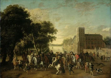 Prins Maurits, ledsaget af prins Frederik Hendrik, Frederik V af Bøhmen og hans kone Elizabeth Stuart og andre, på Buitenhof, Haag