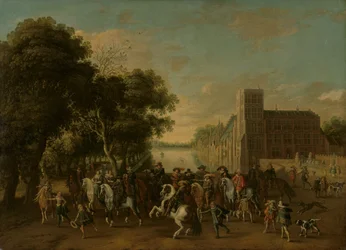 Prins Maurits, ledsaget af Prins Frederik Hendrik, Frederik V af Bøhmen og hans Hustru Elizabeth Stuart m.fl., på Buitenhof, Haag